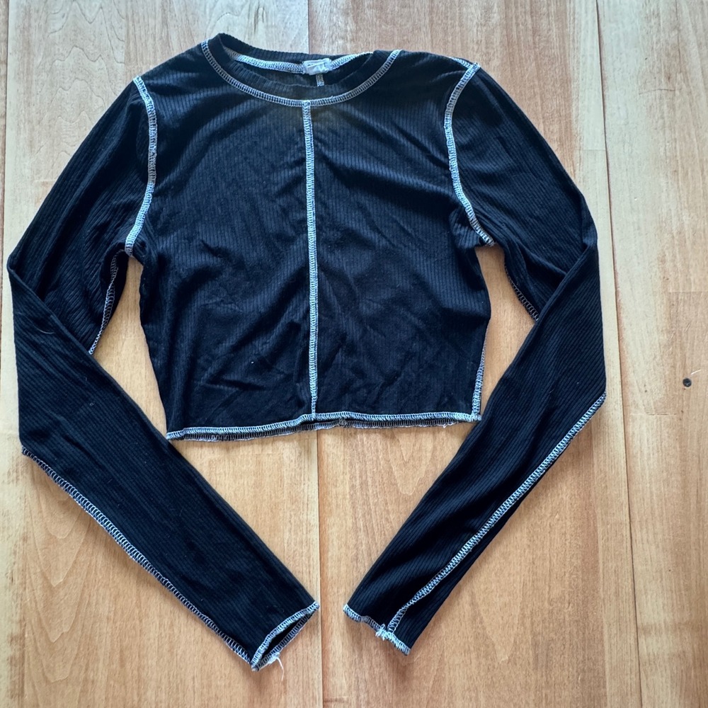 Garage Black Ribbed Contrast Stitch Crop Top Long Sleeve Small P/S Edgy Y2K